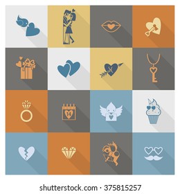 Simple Flat Icons Collection for Valentines Day, Wedding, Love and Romantic Events. Vector