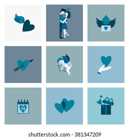 Simple Flat Icons Collection for Valentines Day, Wedding, Love and Romantic Events. Vector