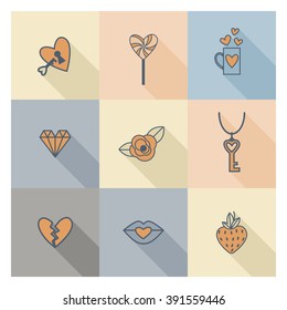 Simple Flat Icons Collection for Valentines Day, Wedding, Love and Romantic Events. Vector