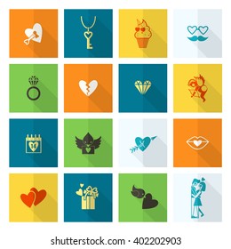 Simple Flat Icons Collection for Valentines Day, Wedding, Love and Romantic Events. Vector