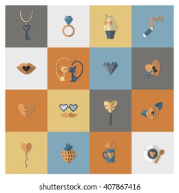 Simple Flat Icons Collection for Valentines Day, Wedding, Love and Romantic Events. Vector