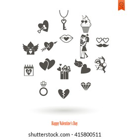 Simple Flat Icons Collection for Valentines Day, Wedding, Love and Romantic Events. Vector