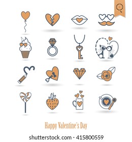 Simple Flat Icons Collection for Valentines Day, Wedding, Love and Romantic Events. Vector