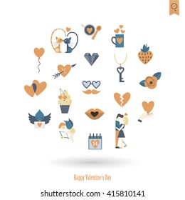 Simple Flat Icons Collection for Valentines Day, Wedding, Love and Romantic Events. Vector
