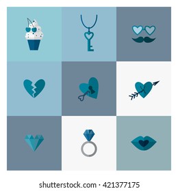 Simple Flat Icons Collection for Valentines Day, Wedding, Love and Romantic Events. Vector