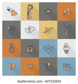 Simple Flat Icons Collection for Valentines Day, Wedding, Love and Romantic Events. Vector