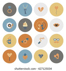 Simple Flat Icons Collection for Valentines Day, Wedding, Love and Romantic Events. Vector