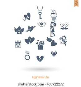 Simple Flat Icons Collection for Valentines Day, Wedding, Love and Romantic Events. Vector