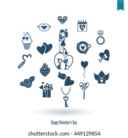 Simple Flat Icons Collection for Valentines Day, Wedding, Love and Romantic Events. Vector