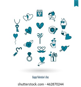 Simple Flat Icons Collection for Valentines Day, Wedding, Love and Romantic Events. Vector