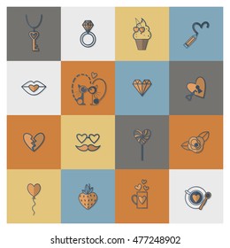 Simple Flat Icons Collection for Valentines Day, Wedding, Love and Romantic Events. Vector