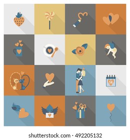 Simple Flat Icons Collection for Valentines Day, Wedding, Love and Romantic Events. Vector