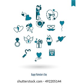 Simple Flat Icons Collection for Valentines Day, Wedding, Love and Romantic Events. Vector