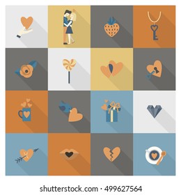 Simple Flat Icons Collection for Valentines Day, Wedding, Love and Romantic Events. Vector