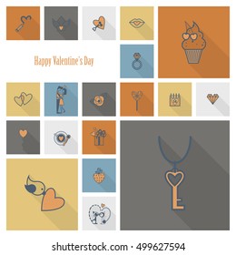 Simple Flat Icons Collection for Valentines Day, Wedding, Love and Romantic Events. Vector