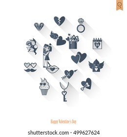 Simple Flat Icons Collection for Valentines Day, Wedding, Love and Romantic Events. Vector