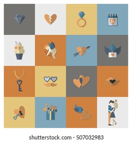 Simple Flat Icons Collection for Valentines Day, Wedding, Love and Romantic Events. Vector