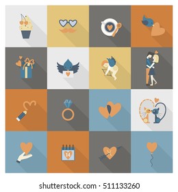 Simple Flat Icons Collection for Valentines Day, Wedding, Love and Romantic Events. Vector