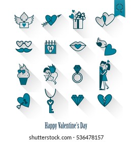 Simple Flat Icons Collection for Valentines Day, Wedding, Love and Romantic Events. Vector
