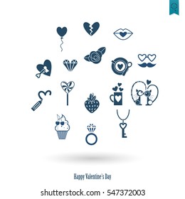 Simple Flat Icons Collection for Valentines Day, Wedding, Love and Romantic Events. Vector