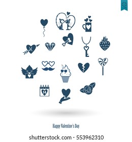 Simple Flat Icons Collection for Valentines Day, Wedding, Love and Romantic Events. Vector
