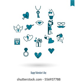 Simple Flat Icons Collection for Valentines Day, Wedding, Love and Romantic Events. Vector