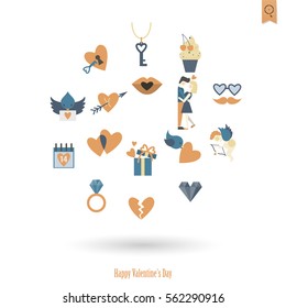 Simple Flat Icons Collection for Valentines Day, Wedding, Love and Romantic Events. Vector