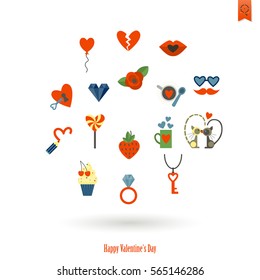 Simple Flat Icons Collection for Valentines Day, Wedding, Love and Romantic Events. Vector