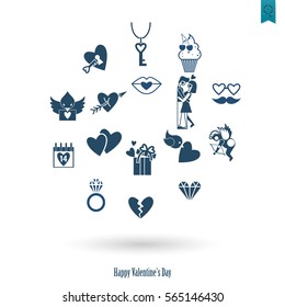 Simple Flat Icons Collection for Valentines Day, Wedding, Love and Romantic Events. Vector