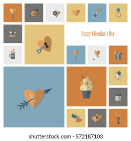 Simple Flat Icons Collection for Valentines Day, Wedding, Love and Romantic Events. Vector