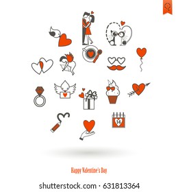 Simple Flat Icons Collection for Valentines Day, Wedding, Love and Romantic Events. Vector