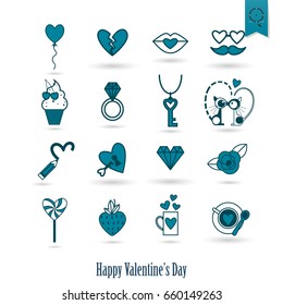 Simple Flat Icons Collection for Valentines Day, Wedding, Love and Romantic Events. Vector