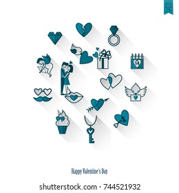Simple Flat Icons Collection for Valentines Day, Wedding, Love and Romantic Events. Vector