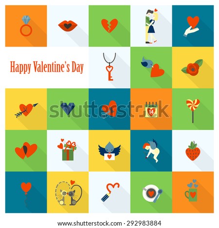 Simple Flat Icons Collection for Valentines Day, Wedding, Love and Romantic Events. Vector
