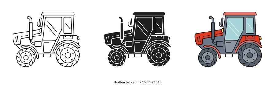 Simple flat icons of european retro tractor. Outline, silhouette and colourful vector illustration