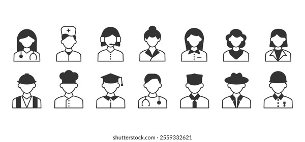 Simple flat icons of people avatars, Various occupations of human characters. Collection of premium quality flat profession symbols. Simple job pictogram pack. Human work icon vector in transparent