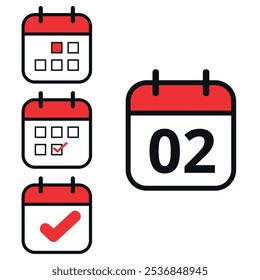 Simple flat icons in red in different calendar formats with specific day marked, day 02.