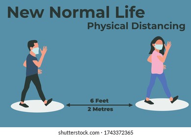 Simple Flat Ill Illustration Of New Normal Life. Two People Man And Woman Walking On The Street With 6 Feet Or 2 Metres Distance. Physical Distancing Vector Illustration. 