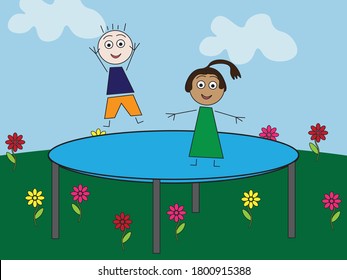 Simple flat illustrated kids jumping on outdoor large trampoline, Blue sky, clouds, Green grass and flowers