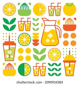 Simple flat illustration of abstract shapes of citrus fruits, lemons, grapefruit, lemonade, limes, leaves and other geometric symbols. Fresh juice ice drink icon in glass, teapot and plastic cup.