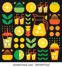 Simple flat illustration of abstract shapes of citrus fruits, lemons, grapefruit, lemonade, limes, leaves and other geometric symbols. Fresh juice ice drink icon in glass, teapot and plastic cup.