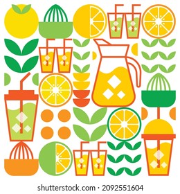 Simple flat illustration of abstract shapes of citrus fruits, lemons, grapefruit, lemonade, limes, leaves and other geometric symbols. Fresh juice ice drink icon in glass, teapot and plastic cup.
