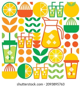 Simple flat illustration of abstract shapes of citrus fruits, lemons, grapefruit, lemonade, limes, leaves and other geometric symbols. Fresh juice ice drink icon in glass, teapot and plastic cup.