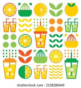 Einfache flache Abbildung abstrakter Formen von Zitrusfrüchten, Zitronen, Grapefruit, Limonade, Limetten, Blättern und anderen geometrischen Symbolen. Frischsaftgetränk Ikone in Glas, und Plastiktasse mit Stroh.