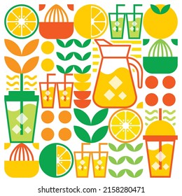 Simple flat illustration of abstract shapes of citrus fruits, lemons, lemonade, limes, leaves and other geometric symbols. Fresh orange juice ice drink icon with glass, jug, straw and plastic cup.