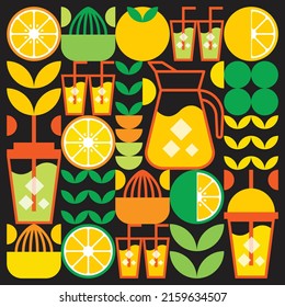 Simple flat illustration of abstract shapes of citrus fruits, lemons, lemonade, limes, leaves and other geometric symbols. Fresh orange juice ice drink icon with glass, jug, straw and plastic cup.