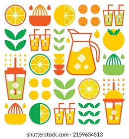 Ilustración plana simple de formas abstractas de cítricos, limones, limonadas, limas, hojas y otros símbolos geométricos. Icono de bebida helada de zumo de naranja natural con vidrio, jarra, paja y taza de plástico.