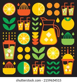 Simple flat illustration of abstract shapes of citrus fruits, lemons, lemonade, limes, leaves and other geometric symbols. Fresh orange juice ice drink icon with glass, jug, straw and plastic cup.