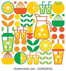 Simple flat illustration of abstract shapes of citrus fruits, lemons, lemonade, limes, leaves and other geometric symbols. Fresh orange juice ice drink icon with glass, jug, straw and plastic cup.