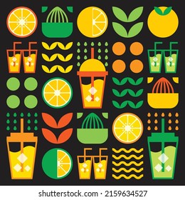 Simple flat illustration of abstract shapes of citrus fruits, lemons, grapefruit, lemonade, limes, leaves and other geometric symbols. Fresh juice ice drink icon in glass, and plastic cup with straw.
